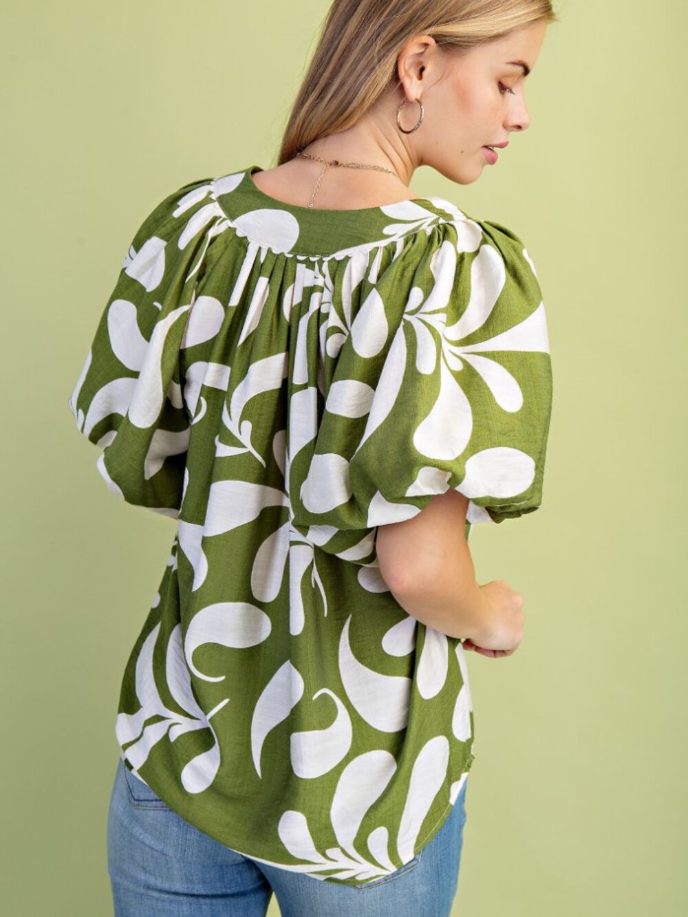 Printed Slit Neck Top with Short Balloon Sleeves and Ric-Rac Trim Details - Picture 6 of 9